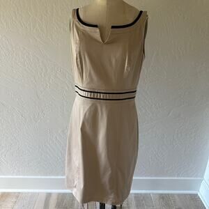 White House Black Market Khaki Split-Neck Sheath Dress with Black Trim
